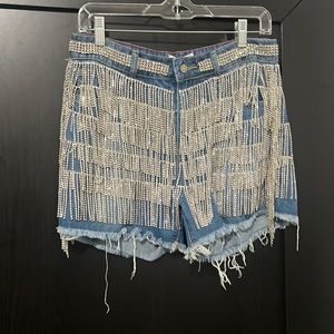 NicholeLynel Crystal Fringed Embellished Denim Shorts